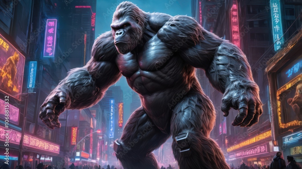 A large, muscular gorilla stands in a futuristic city, looking powerful and intimidating. A large, muscular gorilla stands in a futuristic city, looking powerful and intimidating.