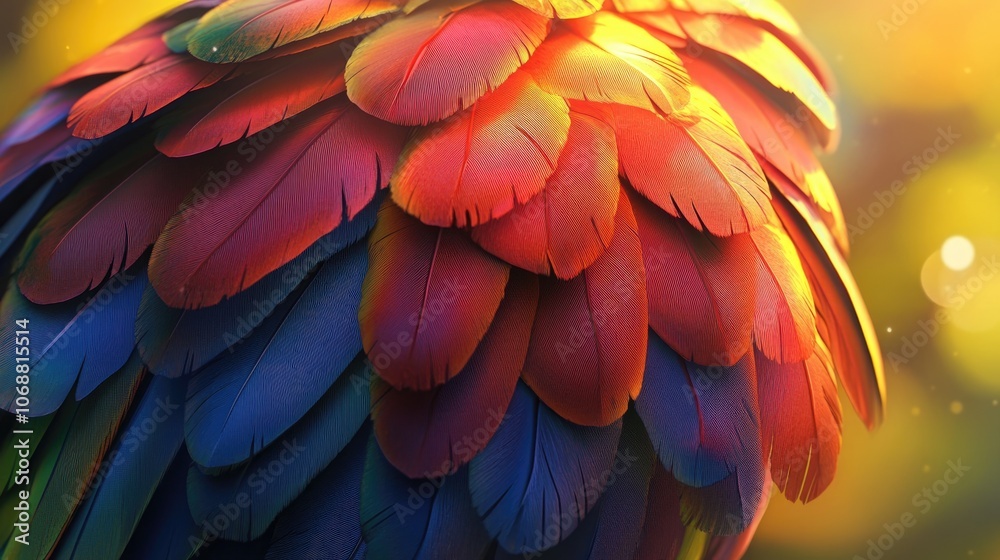 Stunning close up of vibrant parrot feathers showcasing intricate texture and color details