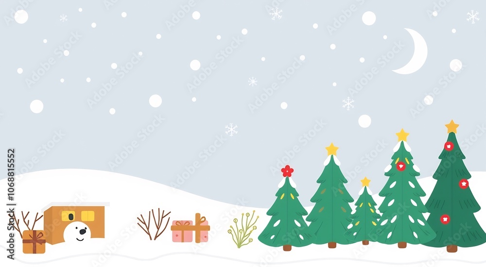 Winter Wonderland with Snowy Trees, Moon, and Gift Boxes. Winter Wonderland with Snowy Trees, Moon, and Gift Boxes.