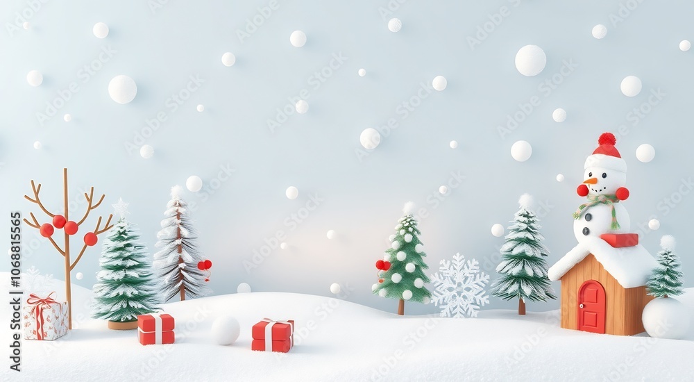 Festive winter scene with a snowman standing on a small house, snow falling, and presents under Christmas trees. Festive winter scene with a snowman standing on a small house, snow falling, and presents under Christmas trees.