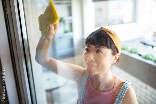 Asian woman cleaning kitchen window at home