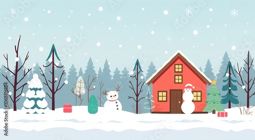 A festive winter scene with a red house, snowmen, a Christmas tree, and a snowy forest.