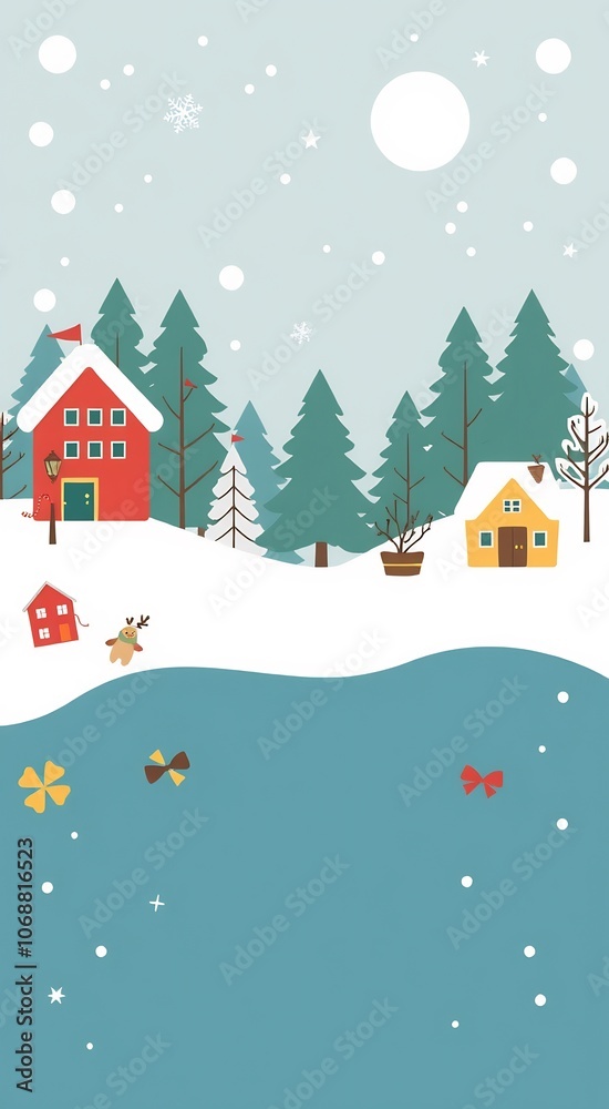 Cute red and yellow houses with snow falling on them, in a winter landscape. Cute red and yellow houses with snow falling on them, in a winter landscape.