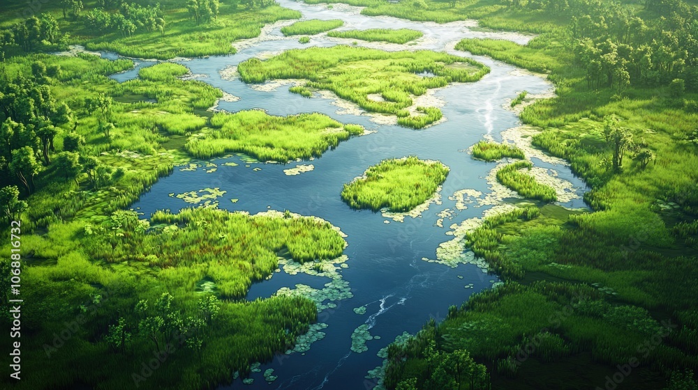Aerial perspective of lush marshlands interspersed with winding waterways showcasing the beauty of nature s ecosystems Aerial perspective of lush marshlands interspersed with winding waterways showcasing the beauty of nature s ecosystems