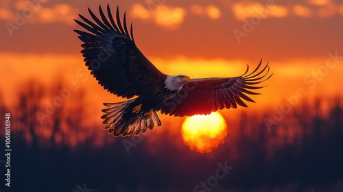 Majestic bald eagle soaring through the sky with its wings spread wide as the sun sets in the background.