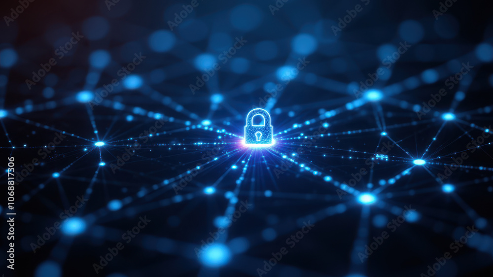 Blue digital cybersecurity network with lock icon. Blue digital cybersecurity network with lock icon.