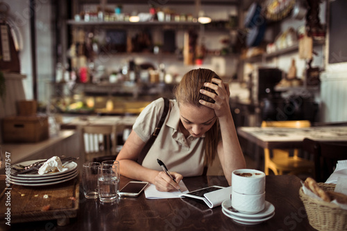 Waitress looking stressed while calculating bill at restaurant table photo