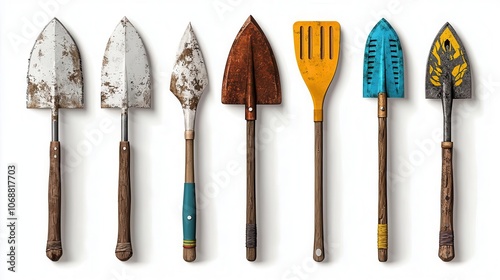 A collection of vintage gardening tools, white isolate background.