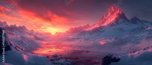 A breathtaking sunset over snow-capped mountains and a reflective river.