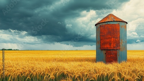 Abandoned Grain Silo in Wheat Field Under Stormy Clouds photo