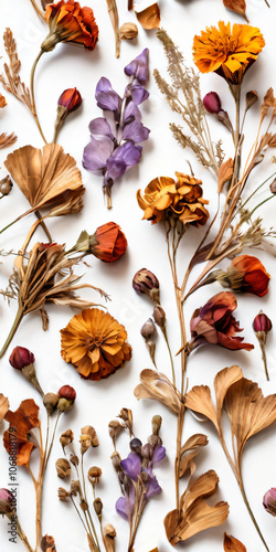 A collection of dried everlasting flowers on a white background. photo