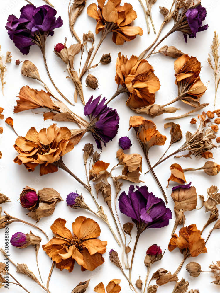 Fototapeta premium A collection of dried everlasting flowers on a white background.