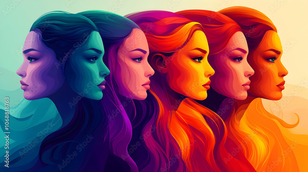 Fototapeta premium Vibrant Digital Painting of Five Women with Flowing Hair in a Spectrum of Colors