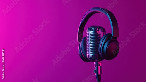 Vintage Microphone and Headphones on a Purple Background