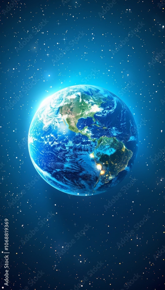 Obraz premium Elegant deep blue gradient background with earth and glowing horizon lights for peace theme