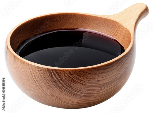 A small wooden bowl filled with dark soy sauce.