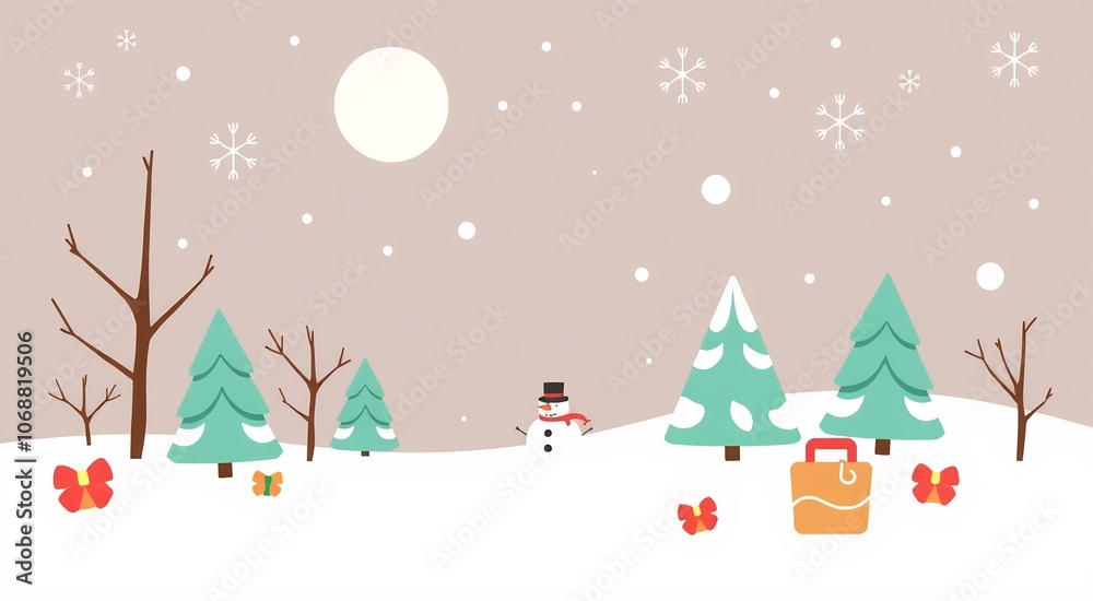 A snowy winter scene with a snowman, fir trees, and presents under a full moon. A snowy winter scene with a snowman, fir trees, and presents under a full moon.