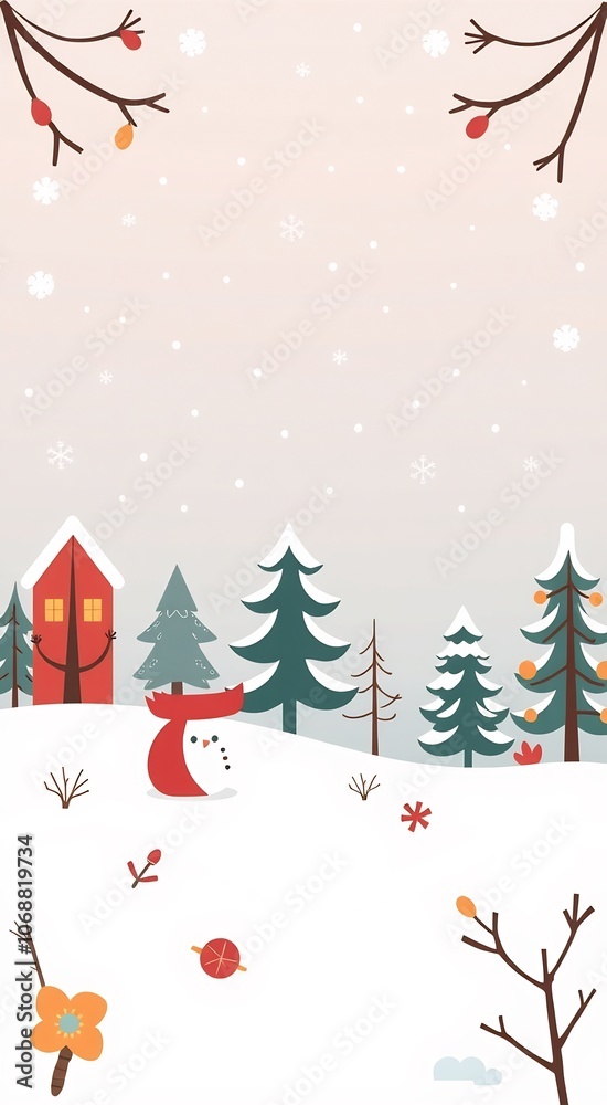 Cute snowman standing in a snowy winter scene with a red house and pine trees. Cute snowman standing in a snowy winter scene with a red house and pine trees.