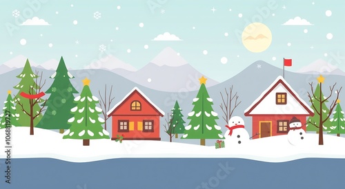 Snowy Winter Landscape with Two Houses, Christmas Trees, and Snowmen.