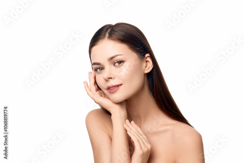 Beautiful young Asian make up woman touching her clean face with fresh healthy skin isolated on white background, beauty cosmetics and facial care concept