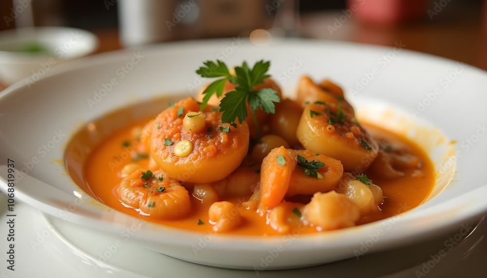 Gourmet Seafood Stew Orange Creamy Sauce White Ceramic Plate Gourmet Seafood Stew Orange Creamy Sauce White Ceramic Plate