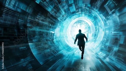 A silhouette of a businessman running through a futuristic digital tunnel towards a bright light.