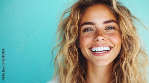 A cheerful woman with curly hair radiates joy with a vibrant smile against a blue backdrop, embodying happiness and spirited essence in a lively portrait.