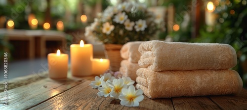 Elegant spa essentials: towels and candles for a soothing ambiance