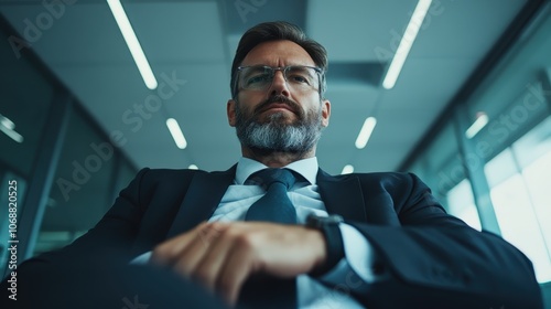 A confident businessman wearing a formal suit sits in an expansive office with modern design, exemplifying professionalism and authority in a contemporary business environment.