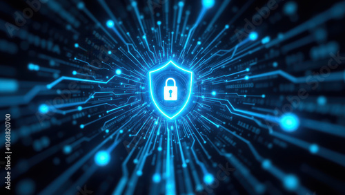 Illustration of a shield-shaped lock signifying cybersecurity with glowing blue digital effects and a starburst background. photo