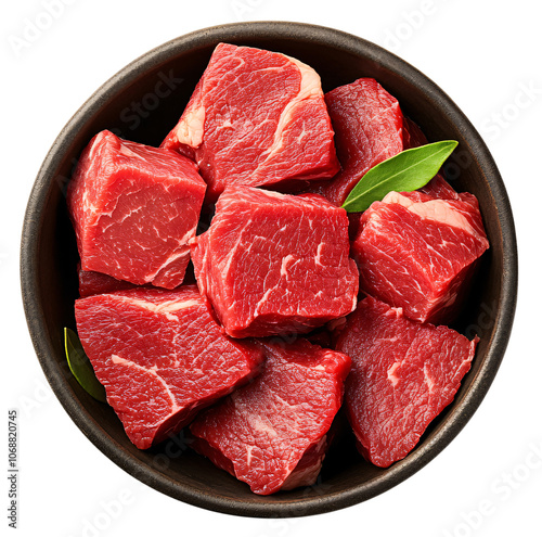 Close-up of fresh, raw beef cubes in a bowl.  Perfect for cooking, grilling, or showcasing in a recipe.