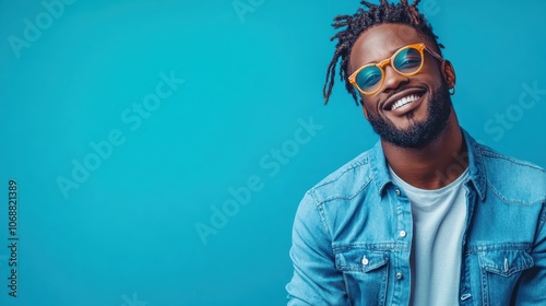 A trendy man wearing sunglasses and denim jacket, smiling confidently against a solid bright blue background, emanating modern fashion and positivity. photo