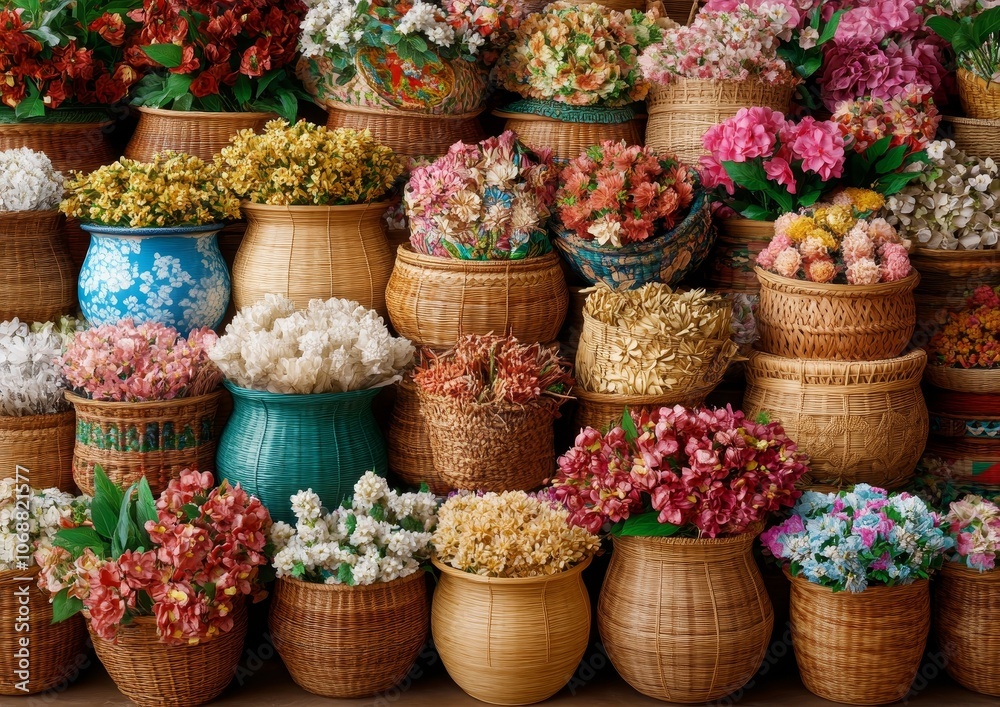 Fototapeta premium Vibrant Floral Arrangement with Colorful Blooms and Lush Greenery for Home Decor and Interior Design Inspiration