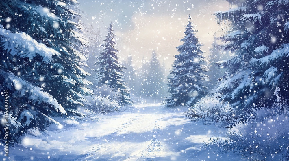 Snowy forest path with pine trees on winter morning. Snowy forest path with pine trees on winter morning.