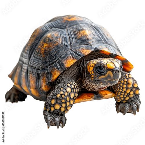 Front view of a land tortoise isolated on a cutout PNG transparent background