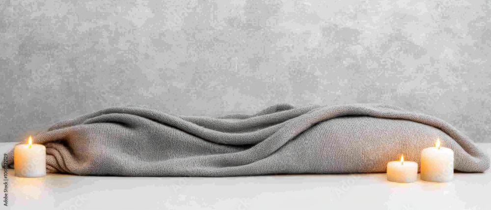 A soft gray blanket drapes over a surface, accompanied by lit candles, creating a cozy and serene atmosphere. A soft gray blanket drapes over a surface, accompanied by lit candles, creating a cozy and serene atmosphere.