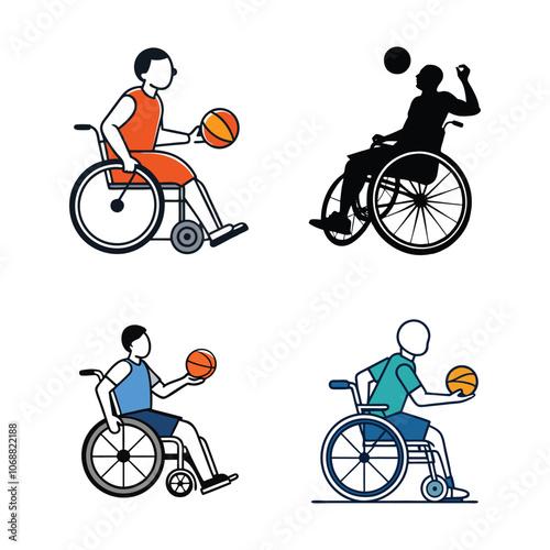 Silhouette of an athlete in a sports wheelchair actively dribbling a basketball. vector illustration.