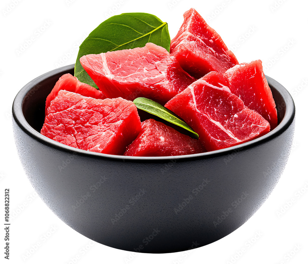 Fresh raw beef cubes in a black bowl with a bay leaf garnish. Fresh raw beef cubes in a black bowl with a bay leaf garnish.