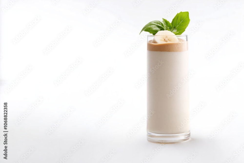 Glass of peanut butter and banana protein smoothie topped with basil leaf and banana slice on white background Glass of peanut butter and banana protein smoothie topped with basil leaf and banana slice on white background