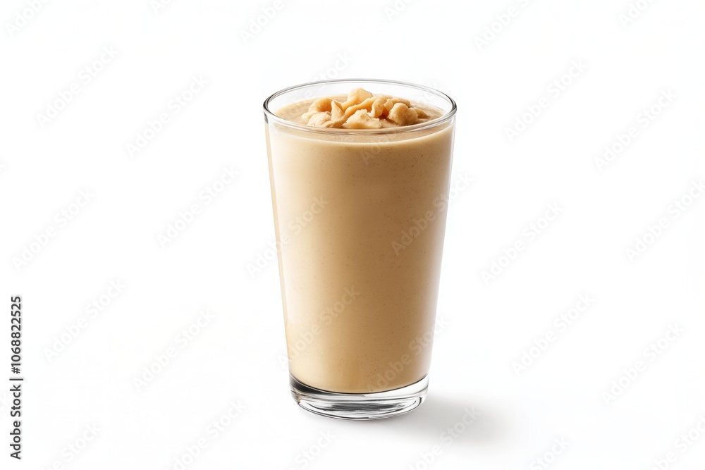Glass of peanut butter and banana protein smoothie topped with crushed peanuts on white background Glass of peanut butter and banana protein smoothie topped with crushed peanuts on white background