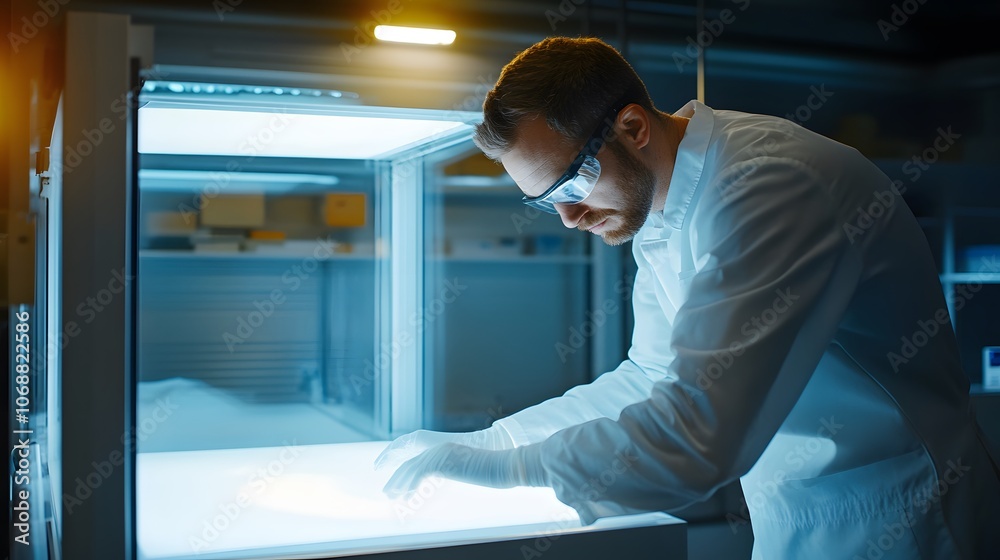 Fototapeta premium Technician using a light box to inspect product surface finishes, surface inspection, visual quality control
