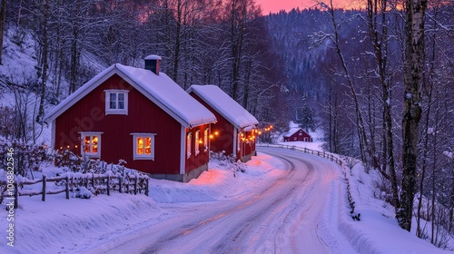 Swedish farm decorated for Christmas with snow-covered barns