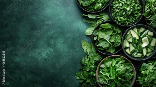 An enticing spread of green vegetables, including spinach, arugula, and cucumbers, carefully placed in bowls, highlighting freshness, health benefits, and natural beauty. photo