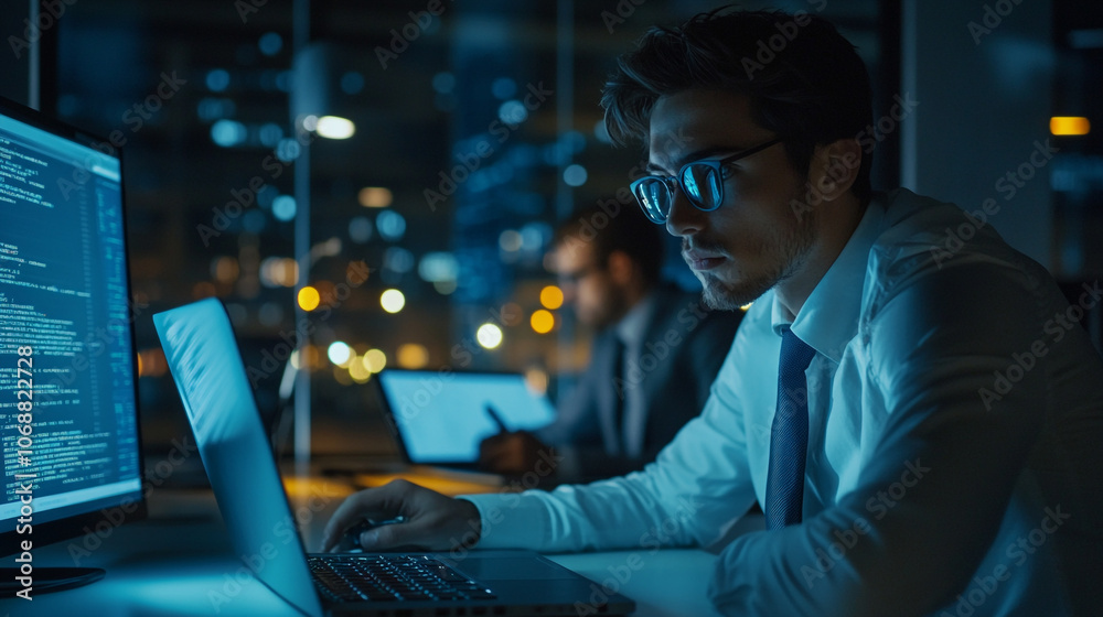 Focused programmer working late at night on software development in a modern office setting Focused programmer working late at night on software development in a modern office setting