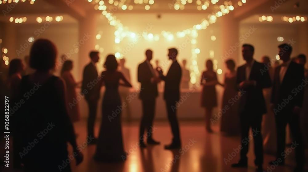 Naklejka premium Silhouettes of people at a corporate event, dancing in a luxurious hall, blurred image