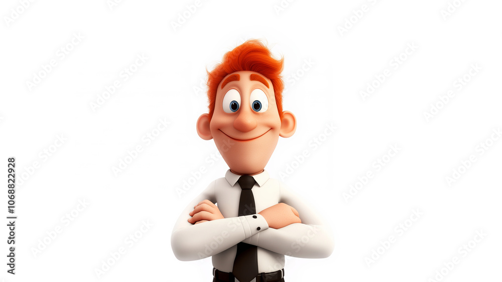 A smiling office character man male person in 3d style design stands with arms crossed in a professional outfit A smiling office character man male person in 3d style design stands with arms crossed in a professional outfit