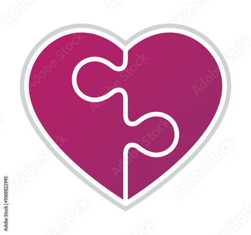Vector illustration of a pink heart, divided into two parts resembling a puzzle. It symbolizes love. Isolated on white background