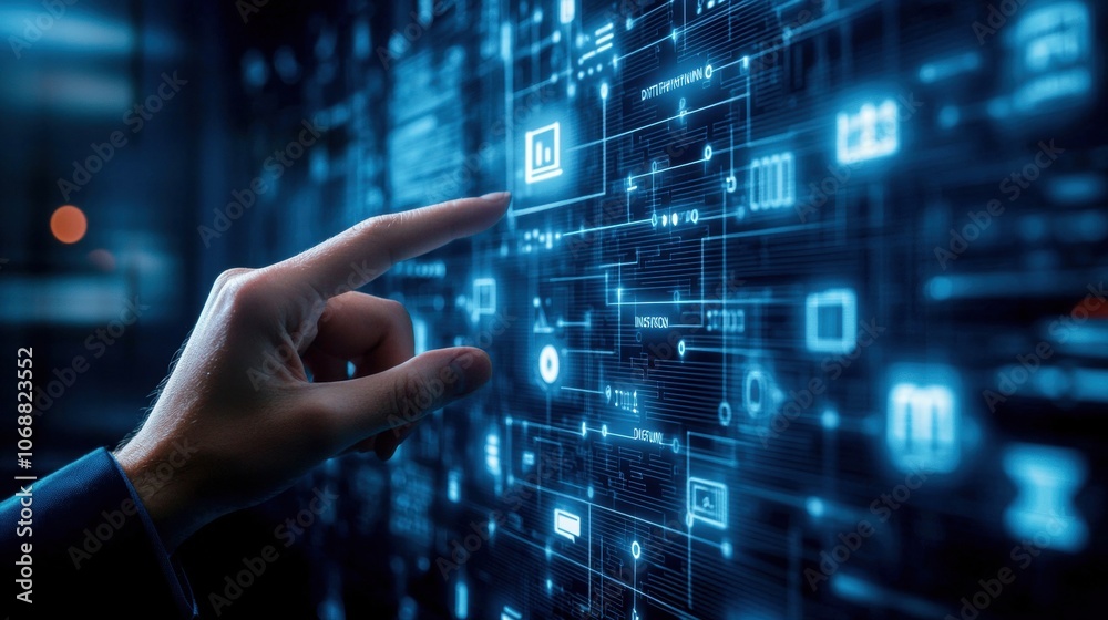 Futuristic interface interaction, showcasing digital data and technology with glowing icons and graphs. Futuristic interface interaction, showcasing digital data and technology with glowing icons and graphs.