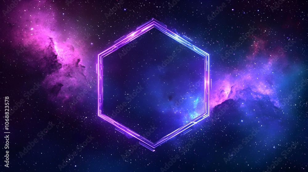 Glowing Sci Fi Hexagonal Frame with Floating Particles in Deep Space Galaxy Background Glowing Sci Fi Hexagonal Frame with Floating Particles in Deep Space Galaxy Background