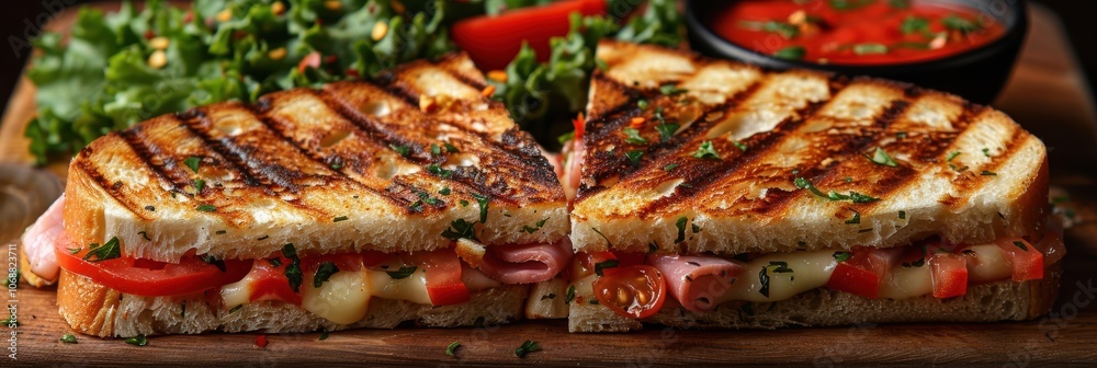 Ham, cheese, and vegetable pressed sandwich on a wooden serving board. Ham, cheese, and vegetable pressed sandwich on a wooden serving board.